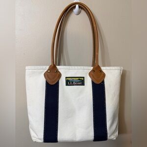 L.L. Bean White Canvas Tote with Navy Straps and Brown Leather Handles